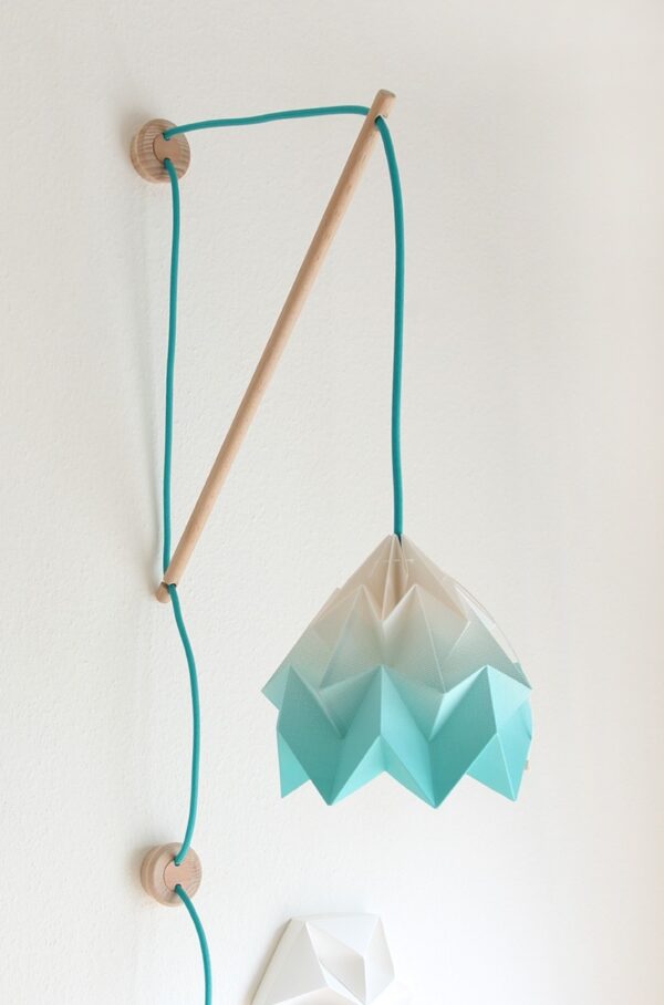 Wooden wall lamp Klimoppe with paper origami pendant lamp Moth