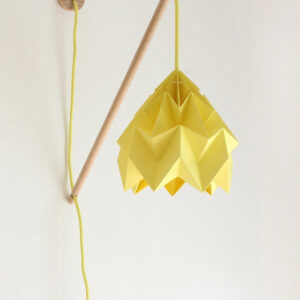 Wooden wall lamp Klimoppe with paper lamp Moth yellow
