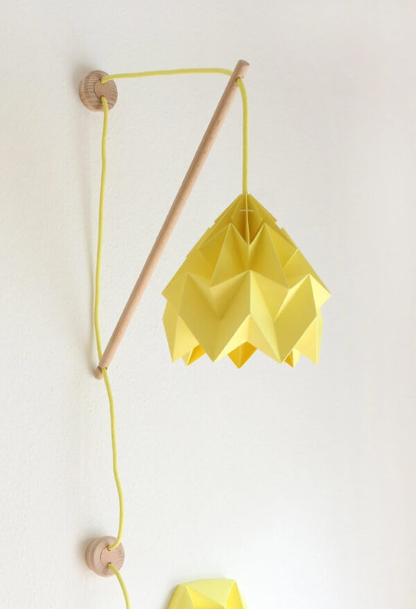 Wooden wall lamp Klimoppe with paper lamp Moth yellow